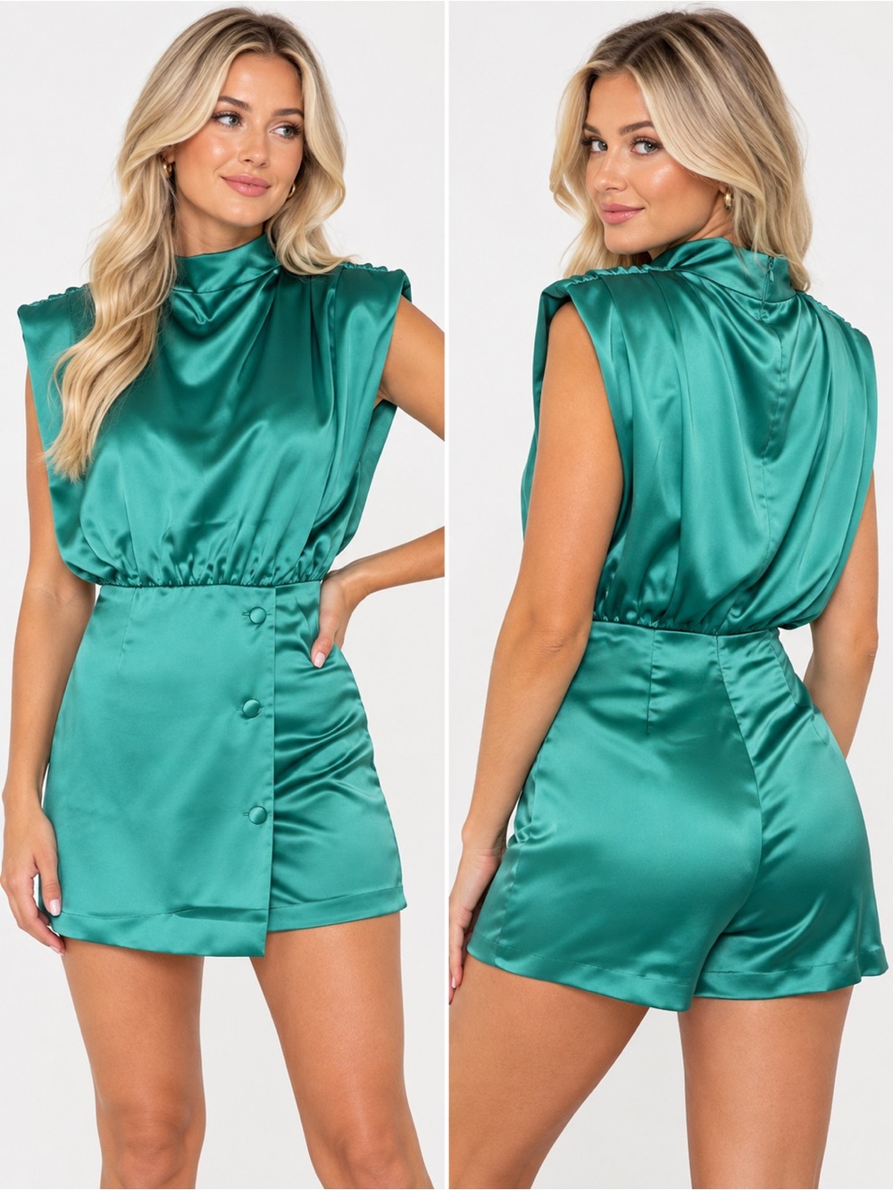 Karlie Women’s Medium Emerald Green Satin Shorts Drape Romper
